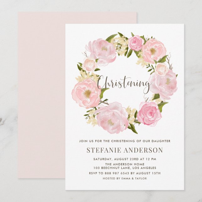 Invitación Acuarela Rubor Pink Peony Wreath Christening (Anverso / Reverso)
