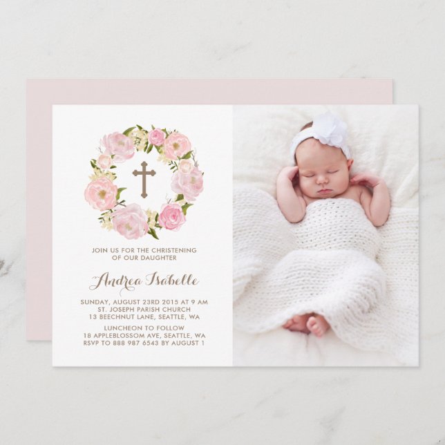 Invitación Acuarela Rubor Pink Peony Wreath Christening (Anverso / Reverso)