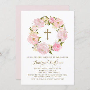 Invitación Acuarela Rubor Pink Peony Wreath Christening