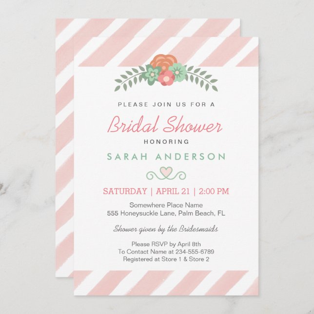 Invitación Acuarela Rubor Rayas rosadas Floral Brigada Britán (Anverso / Reverso)