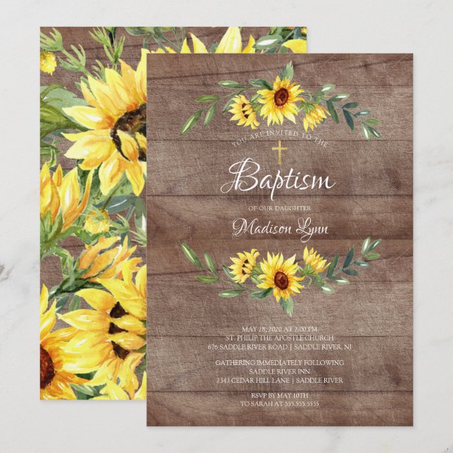 Invitación Acuarela Rusa Amarillo Girasol Bautismo (Anverso / Reverso)
