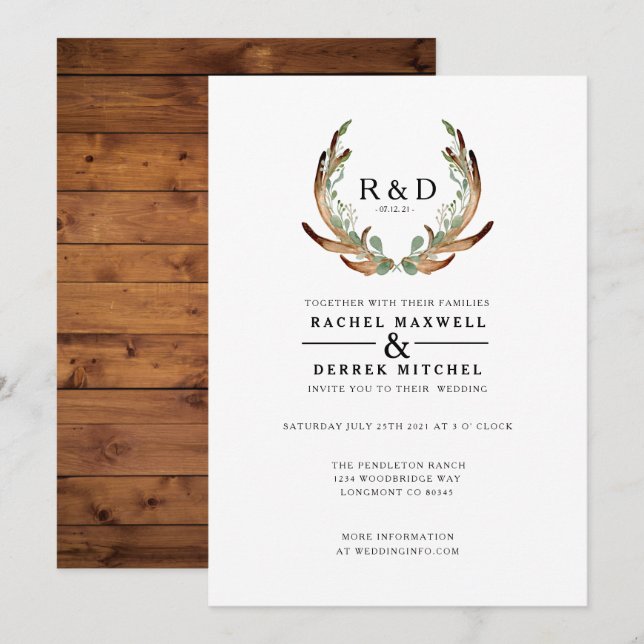 Invitación Acuarela Rusa Antler | Boda simple (Anverso / Reverso)