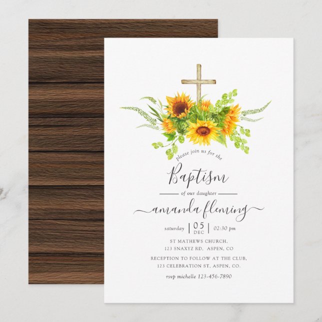 Invitación Acuarela Rusa Bohemia Sunflower Bautismo (Anverso / Reverso)