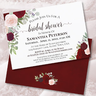 Invitación Acuarela Rusa Borgoña Floral Bridal Shower