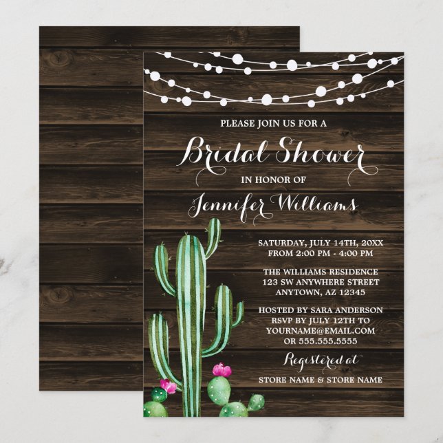 Invitación Acuarela Rusa Cactus Barn Madera Ducha Bridal (Anverso / Reverso)