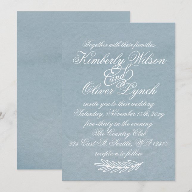Invitación Acuarela Rusa Dusty Blue Nature Leafy Boda (Anverso / Reverso)