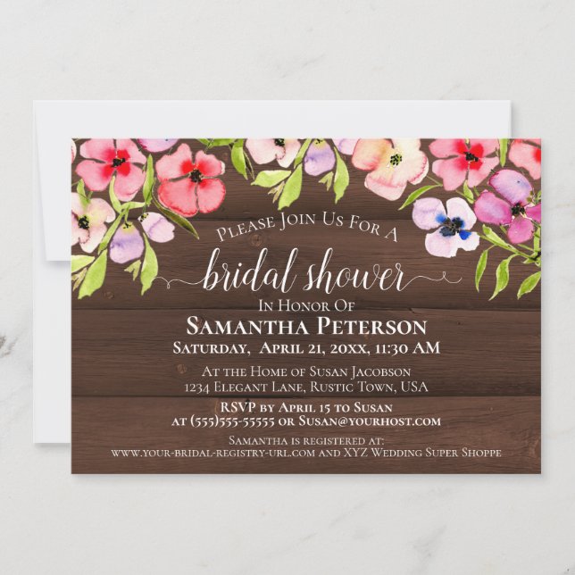 Invitación Acuarela Rusa Pansies Barn Wood Bridal Ducha (Anverso)