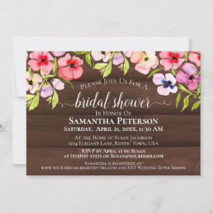 Invitación Acuarela Rusa Pansies Barn Wood Bridal Ducha