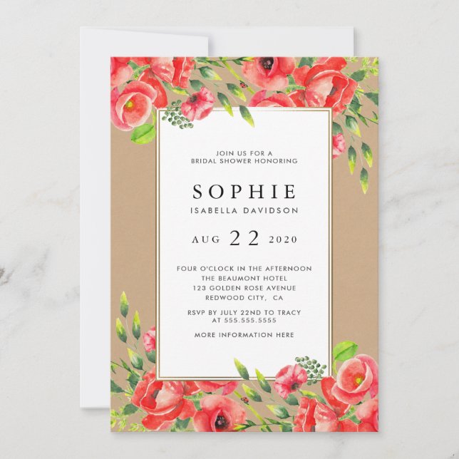 Invitación Acuarela Rusa Red Poppies Floral Bridal Shower (Anverso)