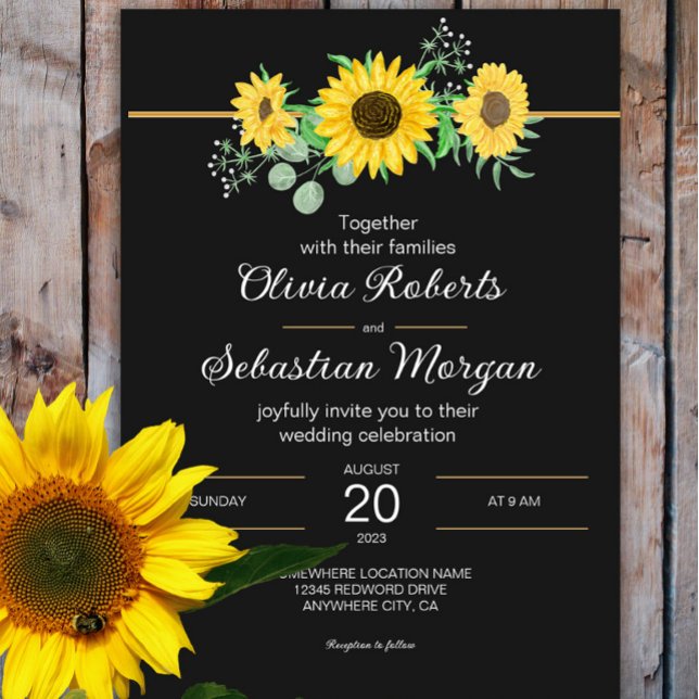 Invitación Acuarela Rusa Sunflowers Boda Negra (Subido por el creador)