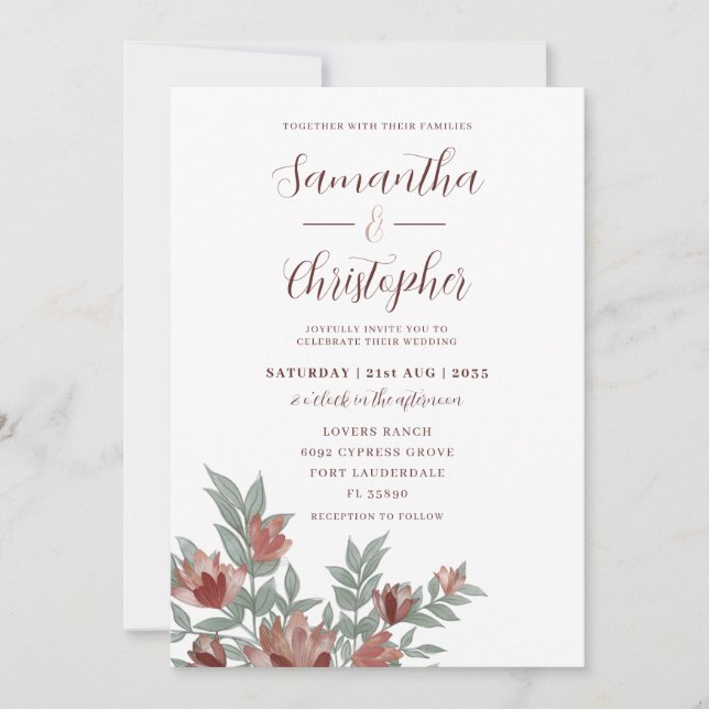Invitación Acuarela Rusa Terracotta Boda Floral (Anverso)