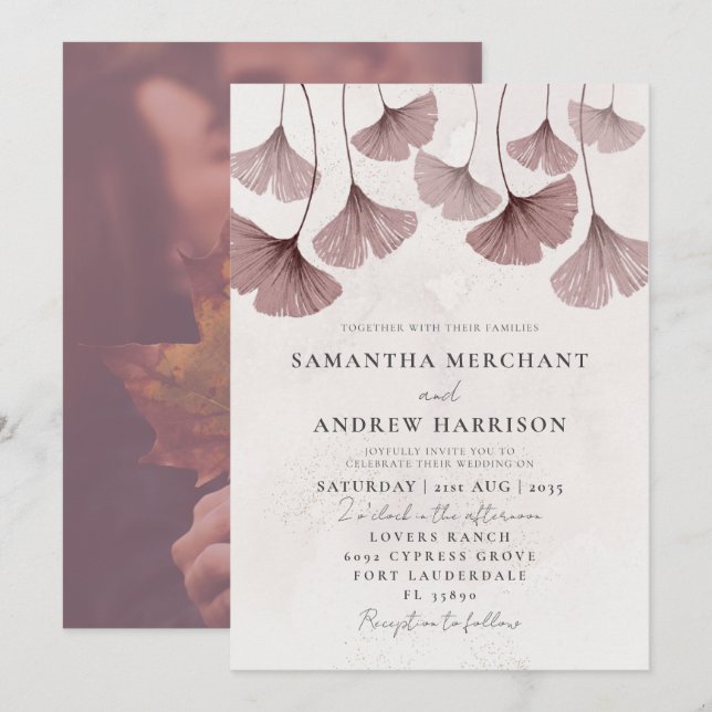 Invitación Acuarela Rusa Terracotta Ginkgo Boda (Anverso / Reverso)