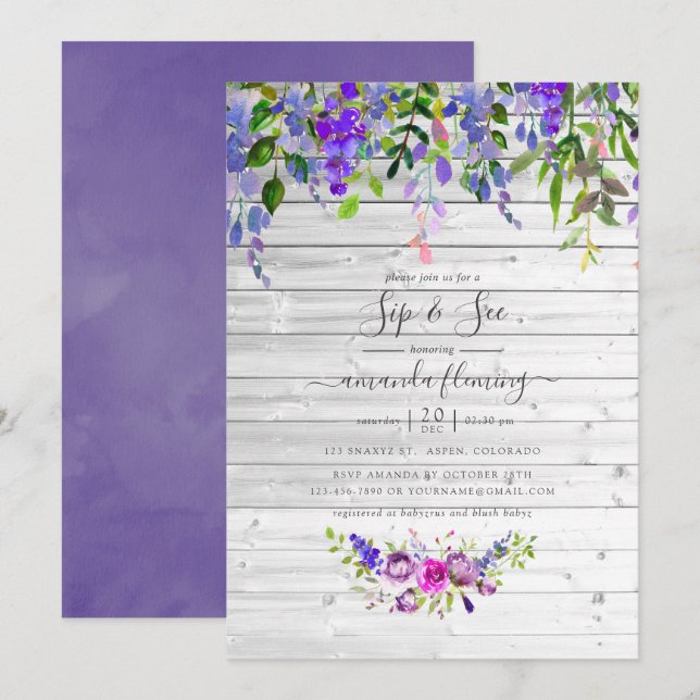 Invitación Acuarela Rusa, Violeta y Floral Sip y Ver (Anverso / Reverso)