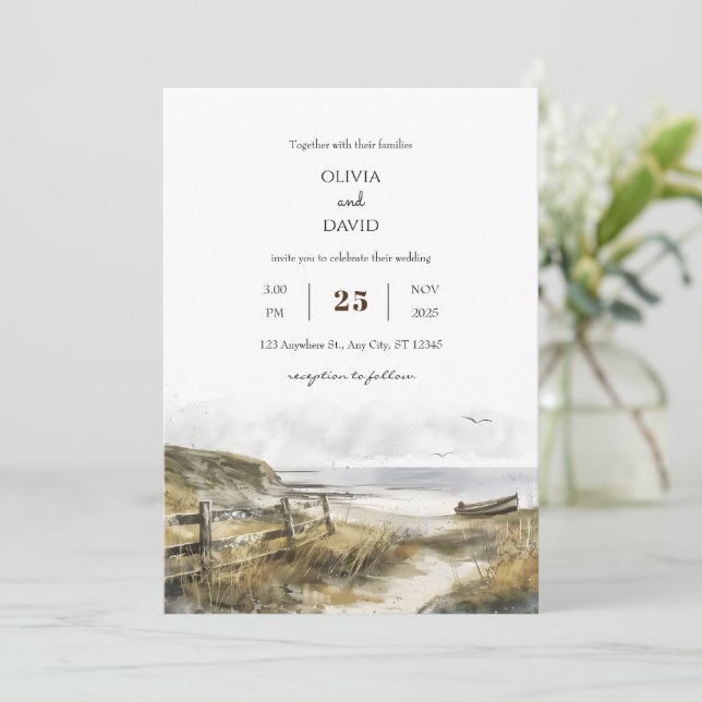 Invitación Acuarela Rustic Coastal Field Art Beach Wedding (Anverso de pie)