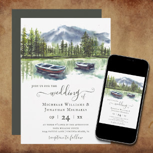 Invitación Acuarela Rustic Mountain Lake con Boda de barcos