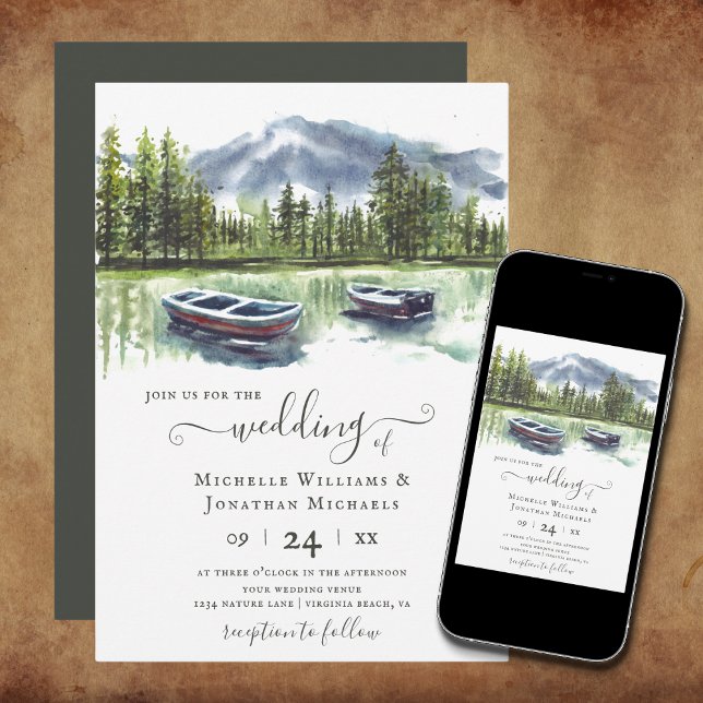 Invitación Acuarela Rustic Mountain Lake con Boda de barcos (Subido por el creador)