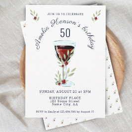 Invitación Acuarela Rustic Red Wine Rosa 50 cumpleaños