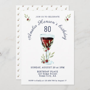 Invitación Acuarela Rustic Red Wine Rosa 80 cumpleaños