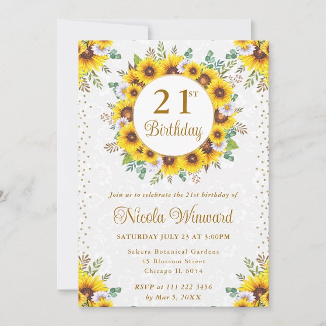 Invitación Acuarela Rustic Sunflowers Wreath Birday (Anverso)