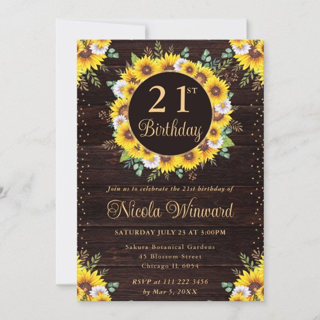 Invitación Acuarela Rustic Sunflowers Wreath Birday (Anverso)
