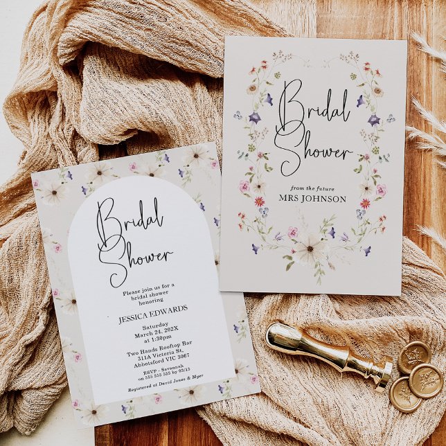 Invitación Acuarela Rustica Beige Flor Silvestre Ducha Bridal (Beige Wildflower Bridal Shower Invitation, Rustic Modern Wildflowers Wreath, Arch, Wildflowers )