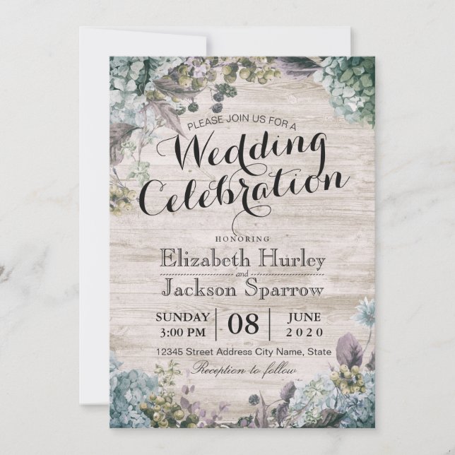 Invitación Acuarela Rústica Boda Floral Botánica y Madera (Anverso)