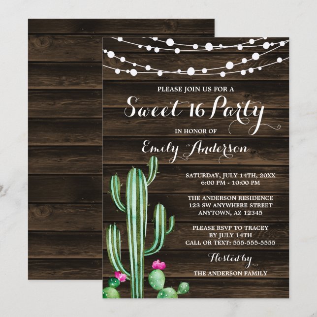 Invitación Acuarela Rústica Cactus Barn Wood Sweet 16 (Anverso / Reverso)