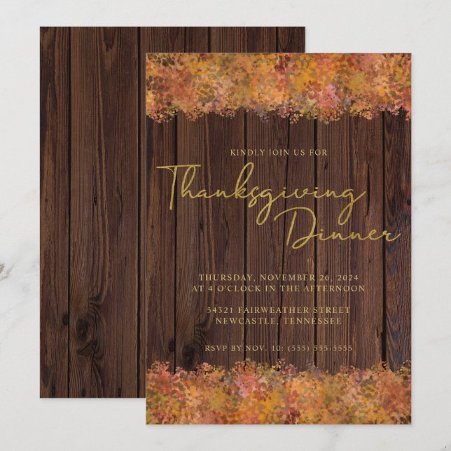 Invitación Acuarela Rustica De Acción De Gracias Otoño Deja M (Anverso / Reverso)