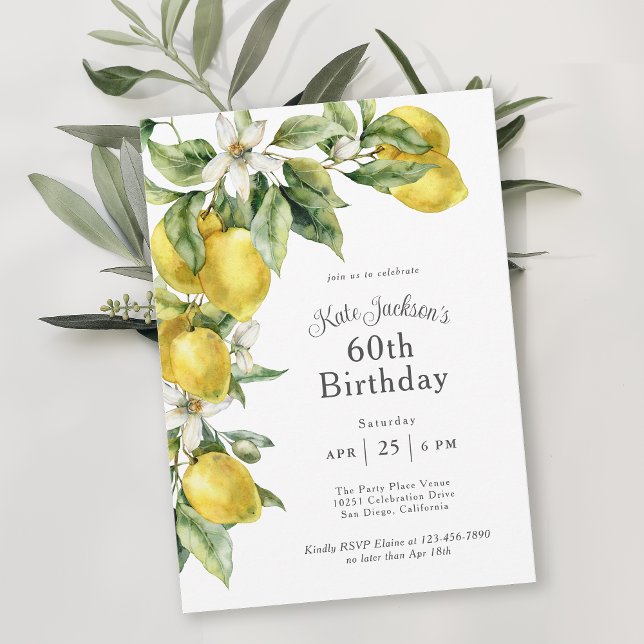 Invitación Acuarela Rustica de Citrus Lemones 60 cumpleaños (Available in both printed and digital download formats.)