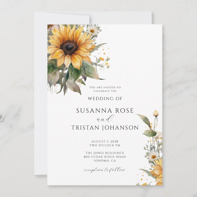 Invitación Acuarela Rústica Floral de girasol Boda de campo (Anverso)
