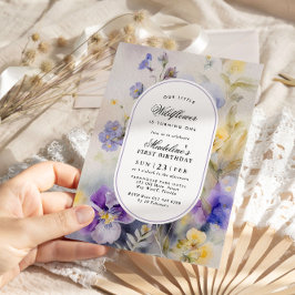 Invitación Acuarela Rustica Púrpura y Amarillo Primer Cumplea