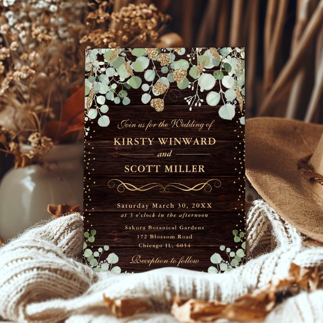 Invitación Acuarela Rústico Eucalipto Boda Dorada (Subido por el creador)