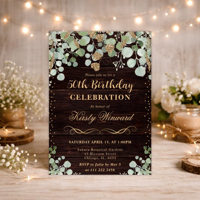 Invitación Acuarela Rústico Eucalipto Dorado Brillo Cumpleaño (Subido por el creador)
