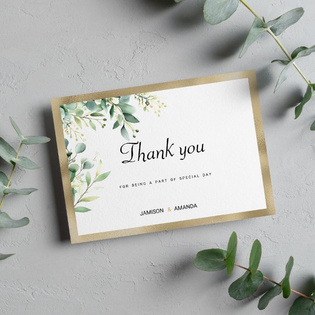 Invitación Acuarela rústico eucalipto oro verde Gracias (Watercolor rustic eucalyptus green gold Thank You)