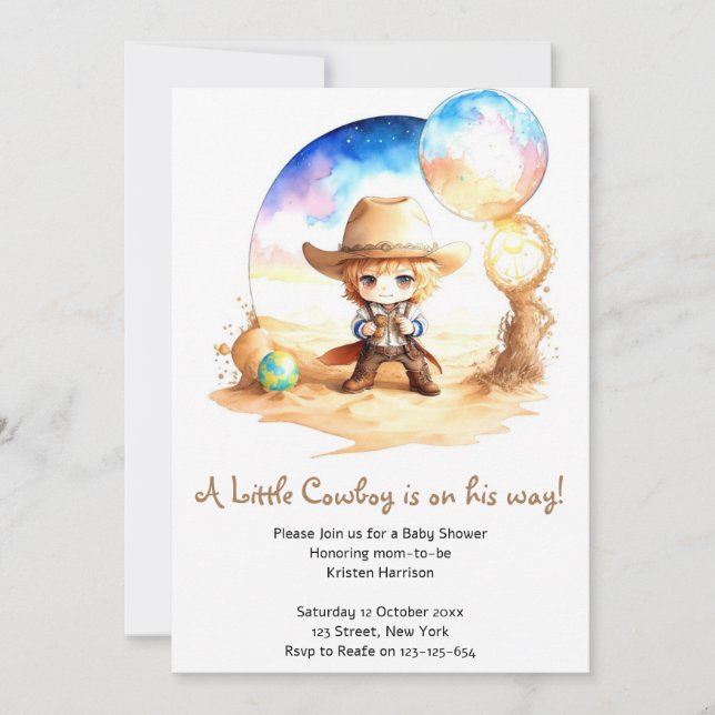 Invitación Acuarela: Saddle Up Cowboy Baby Shower (Anverso)