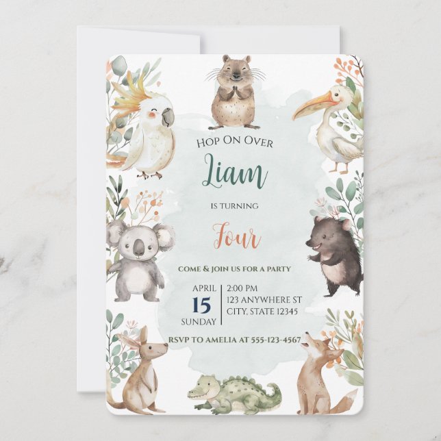 Invitación Acuarela Sage Green Animales Australianos (Anverso)