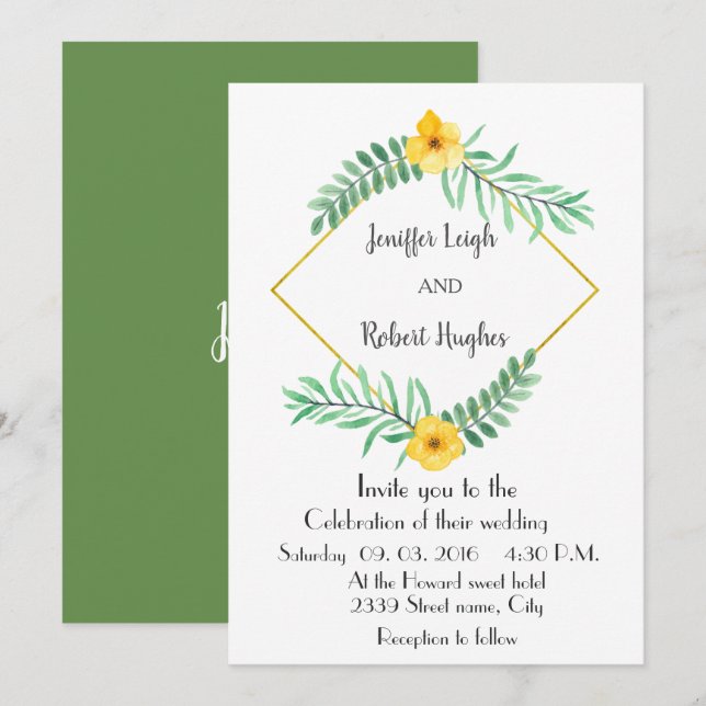 Invitación Acuarela Sale boda de flores amarillas (Anverso / Reverso)
