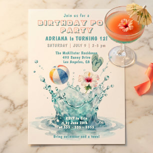 Invitación Acuarela Salpicadura de Azul Agua Bola de Playa Fi