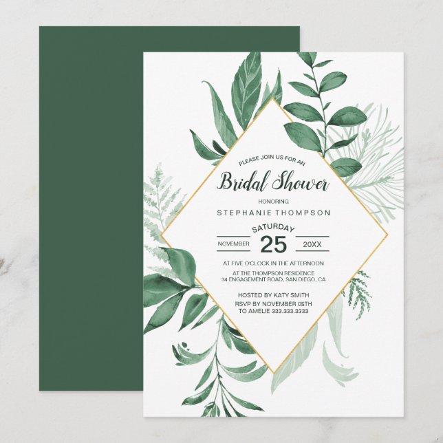 Invitación Acuarela Salvaje deja a Hunter Green Bridal Showe (Anverso / Reverso)