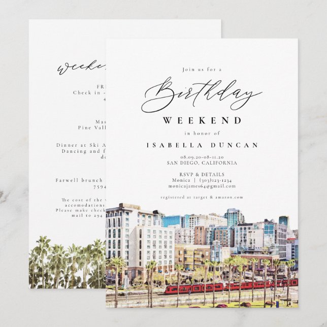 Invitación Acuarela San Diego California Skyline Birday (Anverso / Reverso)