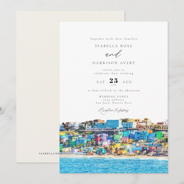 Invitación Acuarela San Juan Boda de Edificios de Puerto Rico (Anverso / Reverso)