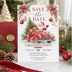 Invitación Acuarela Santa Coche Rojo Navidad Fiesta Guarde la