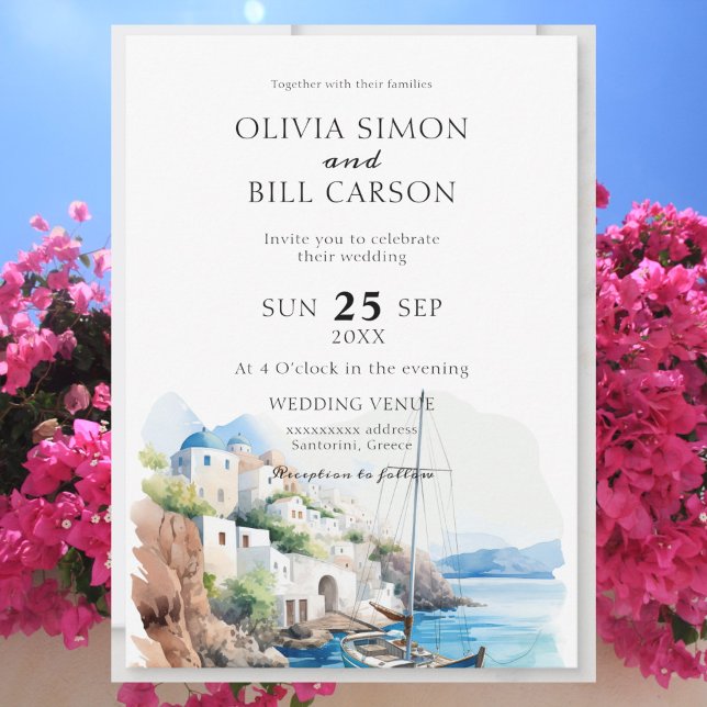 Invitación Acuarela Santorini, boda destino de Grecia (Subido por el creador)