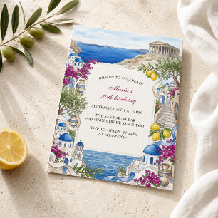 Invitación Acuarela Santorini Grecia Mediterráneo Cumpleaños