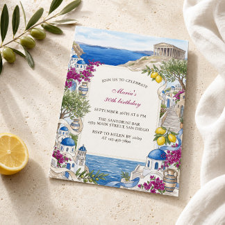 Invitación Acuarela Santorini Grecia Mediterráneo Cumpleaños
