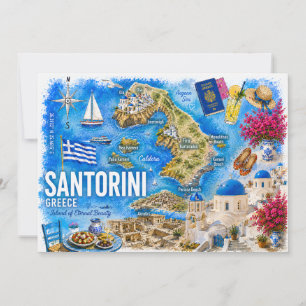 Invitación Acuarela Santorini Grecia Oia Mapa de Referencia 