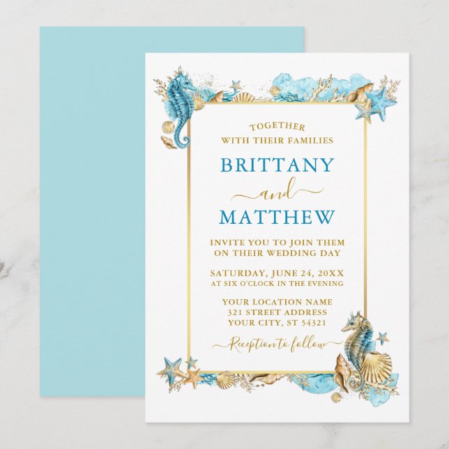 Invitación Acuarela Seashells Coral Coastal Boda Azul (Anverso / Reverso)
