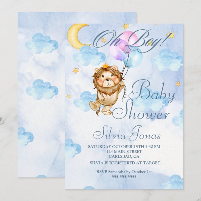 Invitación Acuarela Selva de león ducha de bebé niño (Anverso / Reverso)