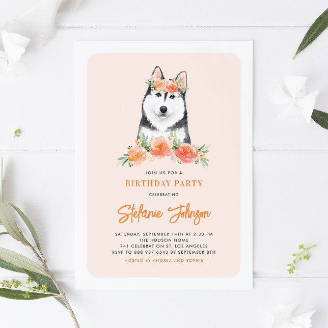 Invitación Acuarela Siberian Husky Peach Floral Cumpleaños (Subido por el creador)