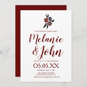 Invitación Acuarela Simple Burgundy Floral Romántico Boda